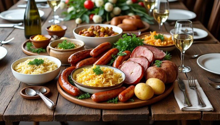 découvrez notre coffret gourmand de choucroute traditionnelle, idéal pour régaler 8 convives avec des saveurs authentiques et généreuses.