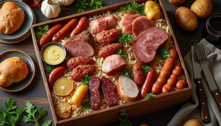 découvrez notre choucroute royale, un coffret gourmand généreux conçu pour régaler 10 convives avec des saveurs traditionnelles et festives.